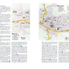 Links: Informationen zu öffentlichen Verkehrsmitteln, Märkten und Unterkünften. Rechts: Stadtplan mit Restaurants, Hotels und Sehenswürdigkeiten.