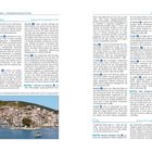 Seite 82, Skopelos-Stadt (Chóra). Überschriften: "Essen & Trinken", "Cafés". Text über Tavernen, lokale Speisen und Cafés. Unten links: Bild eines malerischen Ortes am Hang.