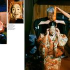 Der Text sagt: "Rune eaquam, vollorcam, odi idenis ario culpa di vidis exerr upati beat apedit quat illa derpse." In der Mitte sieht man ein traditionelles japanisches Theater mit Masken. Links eine Gruppe bei Nacht mit Lagerfeuer, rechts eine Frau in farbenfrohem Kimono mit Maske.