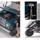 "FALCON", "LEGEND MOTOR CO.", zwei Männer inspizieren einen grünen Geländewagen im Detail, Motorhaube geöffnet.