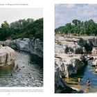 "Cascades de Sautadet - La Roque-sur-Cèze, Frankreich." Menschen schwimmen und entspannen sich an einem felsigen Fluss.