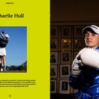 Links: "HOLE 01 Charlie Hull." Darunter Golferin beim Schwung. Rechts: Frau in Boxpose mit blauen Handschuhen.