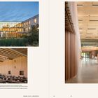Links: Beschreibung eines fünfstöckigen Bürogebäudes, das Massivholz für Designstandards nutzt. Rechts: Holzkorridor mit Glasfassade.