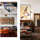 Links: Text über das Streben nach Freude und Schmerz. Rechts: Wohnzimmer mit Sofa, Kunstwerken, Spiegel und Bücherregal.