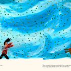 Text: "What you can't see with your eyes is that atoms are constantly moving. Their energy lets them move freely..."

Illustration: Zwei Menschen und ein Hund tanzen in wirbelnden blauen Mustern mit bunten Punkten.