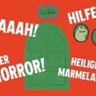 "Aaah! Der Horror! Hilfe! Heilige Marmelade!" Text mit grüner Tür und Schild "Tee und Kekse", sowie zwei einfachen Illustrationen.