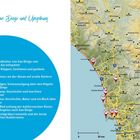 "San Diego und Umgebung" mit Nummernmarkern auf einer Karte und einer Liste von Sehenswürdigkeiten, wie Strände und Museen.