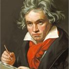 Ludwig van Beethoven, 1770 - 1827. Eine Illustration eines Mannes mit grauen Haaren, er hält einen Stift und ein Buch.