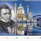 "Schubert-Stadt Wien, Österreich" und "Schubert City Vienna, Austria". Illustration von Schubert neben der Karlskirche.