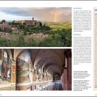 15 Asciano, 16 Pienza, Zwischenstopp: Land des Chianti. Oben: Panorama von Asciano, unten: Fresken in einem Kreuzgang.