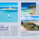 Texte: "Karibik Europas", "Kristallklar und unvergesslich", "Cala Goloritzé und La Pelosa", "Dünen von Piscinas". Links: türkisblaues Meer mit Segelboot und Küste. Rechts oben: Felsige Küste mit klarem Wasser. Rechts unten: Sanddünen mit Pflanzen.