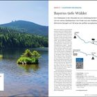 Route 17: "Bayerns tiefe Wälder" beschreibt die Glasstraße in Bayern. Links ein See mit Wald und Bergen im Hintergrund. Rechts Karte.