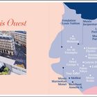"Paris Ouest" steht oben links. Rechts ist eine Karte mit Sehenswürdigkeiten. Links ein Blick auf Pariser Gebäude von oben.