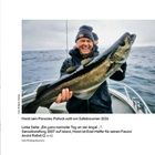„Horst sein Paradies: Pollack satt am Saltstraumen 2026“ zeigt einen lächelnden Mann auf einem Boot mit einem großen Fisch.