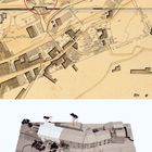 Alter Stadtplan mit "G.e Becharne" markiert; darunter ein Architekturmodell mit Häusern und Bäumen, Nummer 34 links unten.