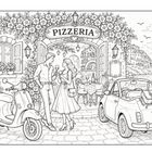 Illustration einer italienischen Straßenszene mit Vespa, Tisch mit Wein und Pasta und dem Kolosseum im Hintergrund.
