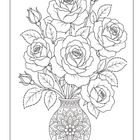 Illustration von Rosen in einer Vase mit detailliertem Muster, umgeben von Blättern und Knospen.