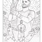 Große Figur hält Pokal. Unten Spieler mit Nummer 23 in verschiedenen Posen im Stadion; Trophäe, Ball, Torwart-Aktionen.
