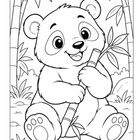 Eine Zeichnung zeigt einen fröhlichen Pandabären, der Bambus hält, umgeben von Bambuspflanzen.