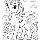 Illustration eines lächelnden Einhorns mit Lockenmähne, umgeben von Blumen und Wolken am Himmel.