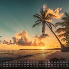 Kalender mit Zahlen und Wochentagen, Sonnenuntergang, Strand, Palmen, ruhiges Meer, orangefarbene Wolken am Himmel.