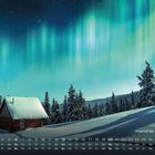 Text: "Polarlichter, Lappland 6". Schnee auf Bäumen und Hütte, Nordlichter leuchten im Himmel, kalendarische Daten unten.