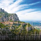 Text: "Abtei Santa Maria de Montserrat 6". Kalenderdarstellung mit dramatischem Bergpanorama und Kloster auf Felsen.