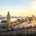 Kalenderansicht mit Daten im Juni. "Landungsbrücken Sankt Pauli". Sonnenuntergang, Hafenkräne, Wasser, Gebäude mit Uhrturm.