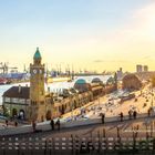 Landungsbrücken Sankt Pauli, unten eine Monatsübersicht. Sonnenuntergang über Hafen mit Uhrturm und Menschen.