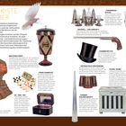 Texte zentral: "DIE TRICKKISTE DER MAGIER", "DER SCHEIN TRÜGT", "TSCHÜSS, TAUBE!". Abbildungen von Zauberrequisiten, Taube, Zylinderhut.