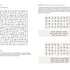 Labyrinth, Finde die Lösungswörter, Markttag. Ein Labyrinth, ein Wortgitter und ein mathematisches Rätsel sind abgebildet.