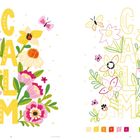 "C A L M" in großen gelben Buchstaben, umgeben von bunten Blüten und Schmetterlingen in lebhaften Farben.