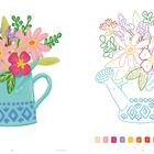 Illustration einer Gießkanne mit bunten Blumen. Links farbig, rechts nummerierte Malvorlage mit Farbpalette.
