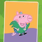 Ein rosa Cartoon-Schwein mit blauer Mütze hält ein grünes Dinosaurier-Spielzeug in einem farbenfrohen Rahmen.
