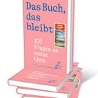 "Das Buch, das bleibt. 100 Fragen an meine Oma." Pinke Buchcover, drei gestapelte Bücher.