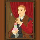 Eine Illustration zeigt eine Person in Renaissance-Kleidung, die ein mehrschichtiges Dessert in der Hand hält.