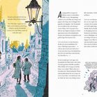 Text: „Für Jack und Ronald ließ sich keine passendere Welt als Oxford denken.“ Illustration: Zwei Personen gehen durch eine Altstadt bei Laternenlicht.