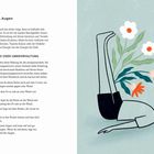 Ajna zwischen den Augen: Text über Chakren. Illustration zeigt Person mit Beinen an einer Wand, umgeben von Blumen.