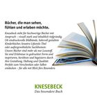 Text in Schwarz und Grün beschreibt hochwertige Bücher von Knesebeck. Rechts daneben ein aufgeschlagenes Buch.