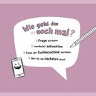 Text im Zentrum: „Wie geht das noch mal?“ darunter eine Schritt-für-Schritt-Anleitung. Ein freudiges Handy-Icon und ein Stift sind abgebildet.