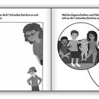 Links: Text über Aussagen anderer und Schmerz, Charaktere schauen besorgt. Rechts: Text über tolle Eigenschaften, Familie im Kreis.