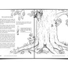 Texte: „Hier spricht der Baum“, „Welche Farbe hat dieser Baum? Hol deine Stifte und leg los!“. Illustration eines Baums mit Tieren.