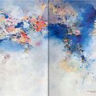 Text: BREAKTHROUGH GAME 573.2025 180x1280cm. 
Abstrakte Malerei mit blauen und orangefarbenen Akzenten.