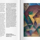 Stanislaw Kubicki, Hirschkuh mit Jungem IV, 1931, Öl auf Leinwand, 104 x 90 cm, Heidi Horton Collection.  
Rechte Seite zeigt ein abstraktes Gemälde mit geometrischen Formen in Braun, Grün und Lila. Links Text.