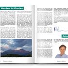 "Wandern in Albanien" als Haupttitel, gefolgt von Texten über albanische Natur, Kultur und touristische Möglichkeiten. Links oben ein Foto von Bergen. Unten rechts ein kleiner Abschnitt über den Autor mit einem Foto von ihm.
