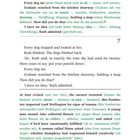 Seite 7 aus einem Buch. Dialog über Ruth, Hunde und eine Aktion mit einem Klemmbrett. Englischer Text, deutsche Übersetzungen.