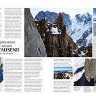 "Der Alpinismus im neuen Jahrtausend (2000 bis heute)." Der Artikel hat mehrere Fotos von Bergsteigern an schneebedeckten Gipfeln.