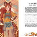 Texte: "WIDDER", "21. MÄRZ - 20. APRIL", Beschreibung des Sternzeichens Widder.

Illustrierte Figur mit Widderhörnern, rotem Haar, Flammen in der Hand.