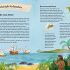 Christoph Kolumbus, Ein neuer Orient. Ein glücklicher Fehler. Drei Schiffe im Meer, Palmen, drei Ureinwohner am Strand.