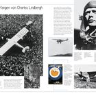 Titel: Das Unterfangen von Charles Lindbergh. Schwarz-Weiß-Fotos: Flugzeug in Menschenmenge, Lindbergh im Fliegerhut, Flugzeug in der Luft.